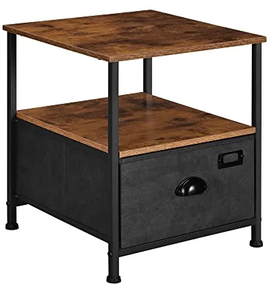 SONGMICS Nachttisch mit 2 Regalen und 1 Schublade - rustikales braunes MDF und schwarzes Kunstleder/Metall (41x41)